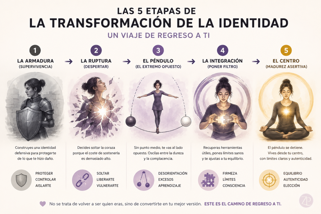Las 5 fases del cambio de identidad. Quitarse la coraza: qué pasa cuando dejas de ser quien eras y empiezas a ser tú (cambio de identidad real). Zona Positiva Método Raíz Tarot evolutivo Acompañamiento consciente