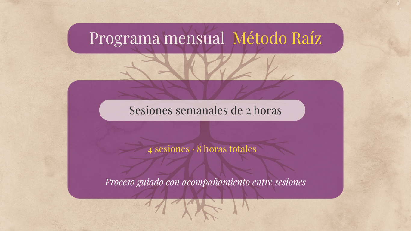 Estructura del programa mensual Método Raíz: 4 sesiones semanales de 2 horas, acompañamiento entre sesiones